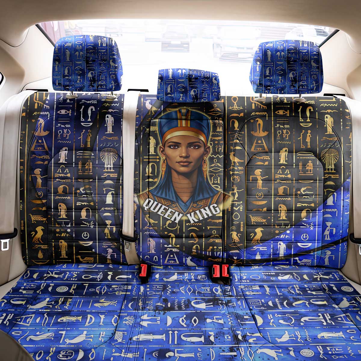 Hatshepsut Back Car Seat Cover with Queen King Portrait, Temple Illustration and Blue-Gold Hieroglyphic - African Pride