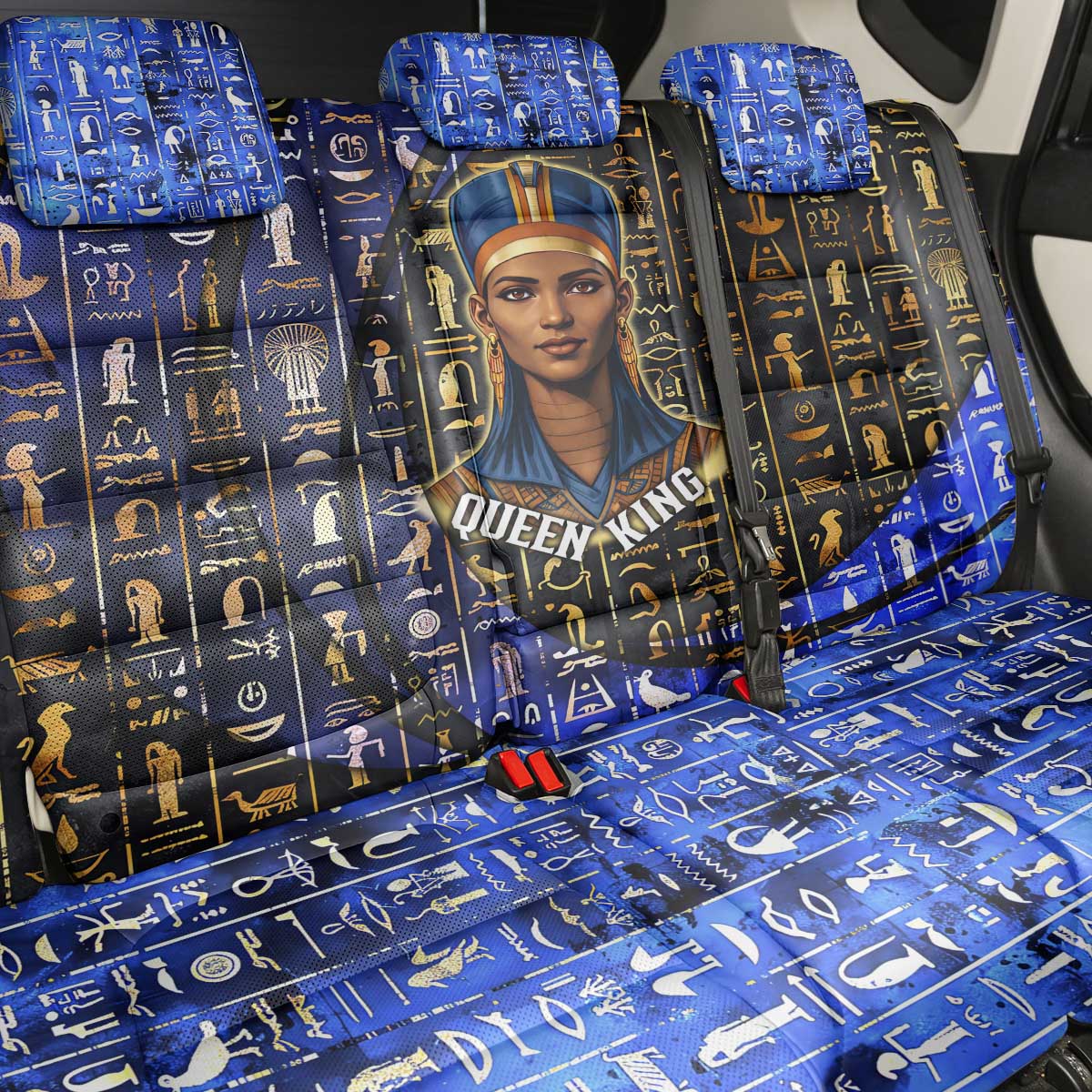 Hatshepsut Back Car Seat Cover with Queen King Portrait, Temple Illustration and Blue-Gold Hieroglyphic - African Pride