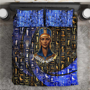 Hatshepsut Bedding Set with Queen King Portrait, Temple Illustration and Blue-Gold Hieroglyphic - African Pride