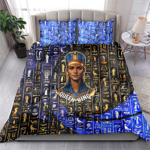Hatshepsut Bedding Set with Queen King Portrait, Temple Illustration and Blue-Gold Hieroglyphic - African Pride