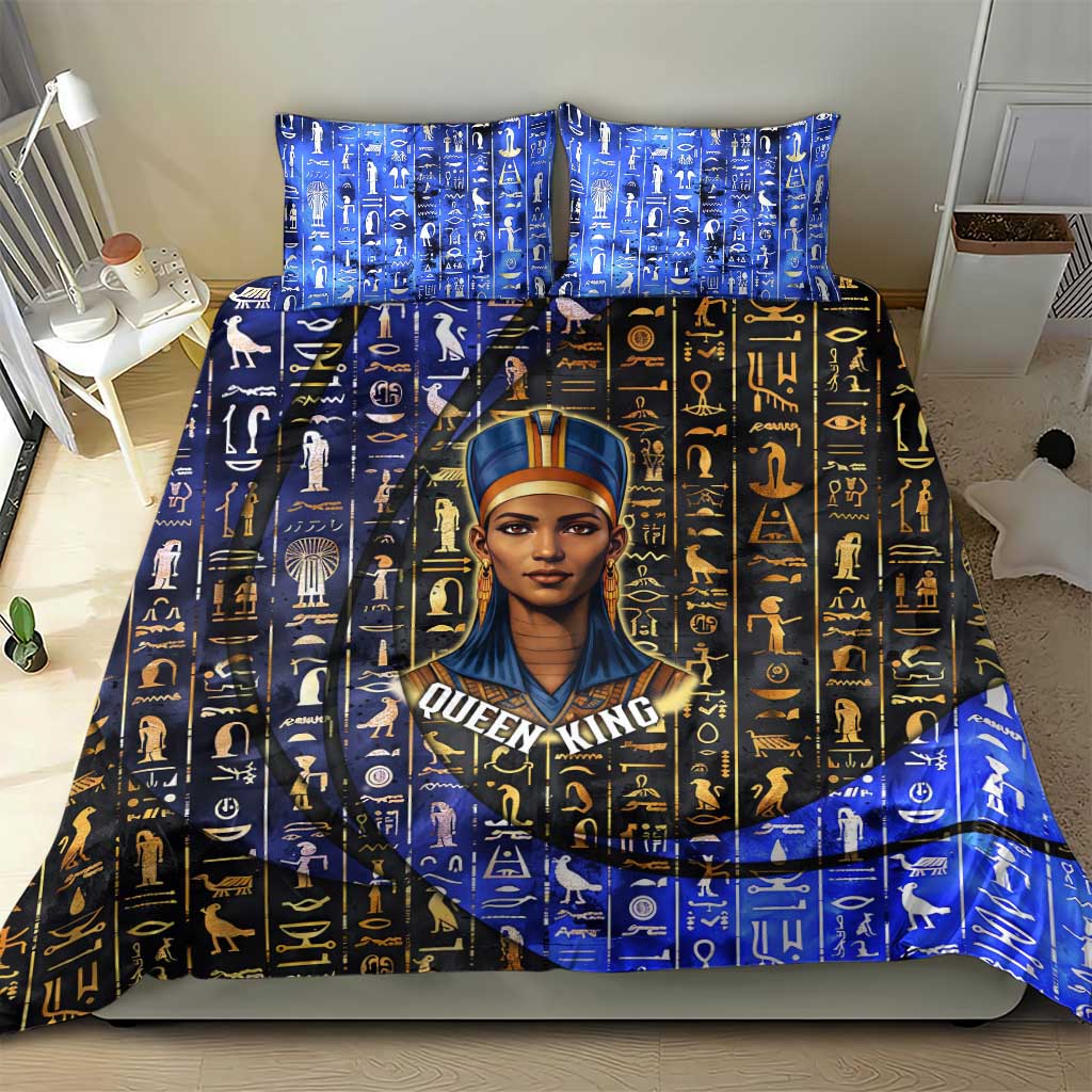 Hatshepsut Bedding Set with Queen King Portrait, Temple Illustration and Blue-Gold Hieroglyphic - African Pride