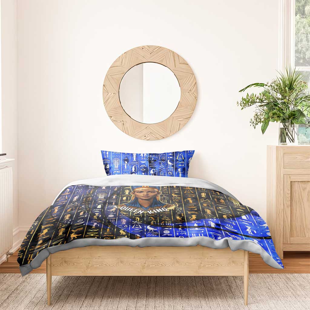 Hatshepsut Bedding Set with Queen King Portrait, Temple Illustration and Blue-Gold Hieroglyphic - African Pride