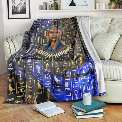 Hatshepsut Blanket with Queen King Portrait, Temple Illustration and Blue-Gold Hieroglyphic - African Pride