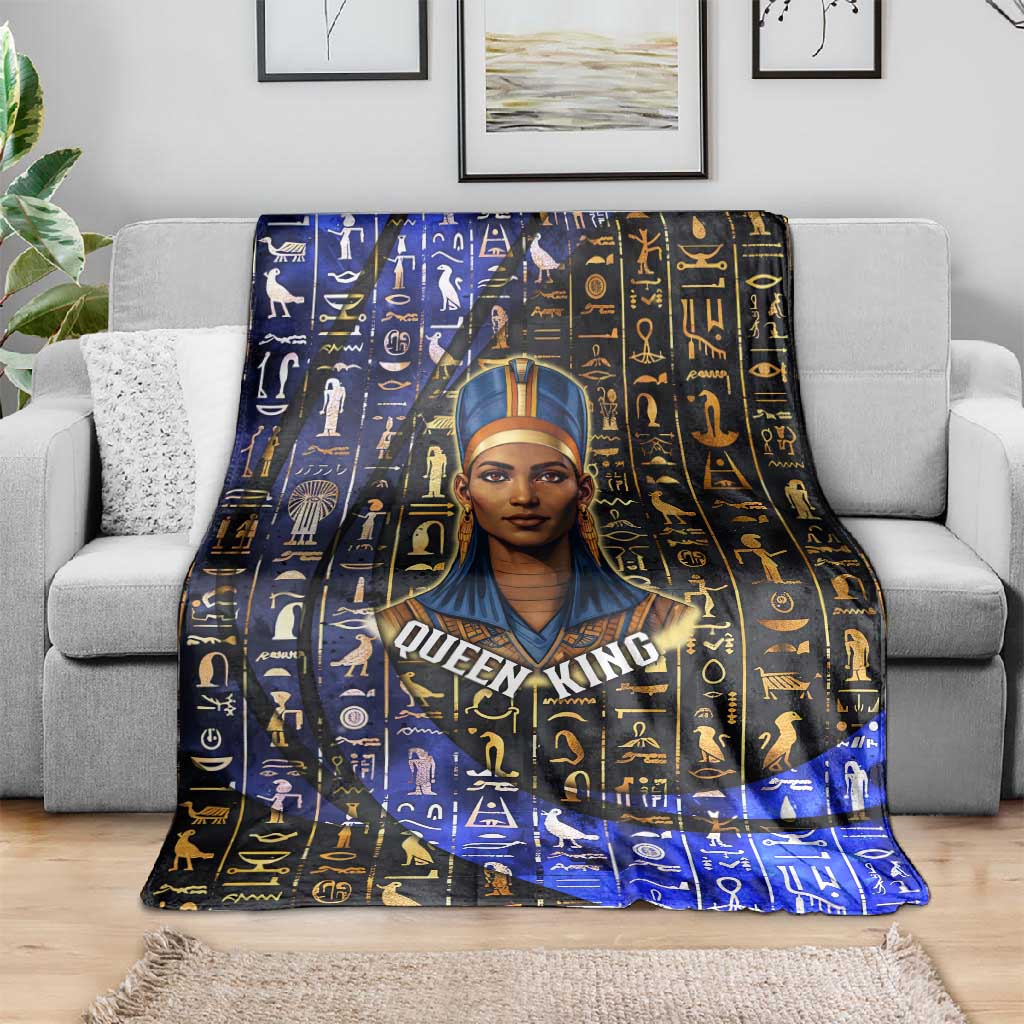 Hatshepsut Blanket with Queen King Portrait, Temple Illustration and Blue-Gold Hieroglyphic - African Pride