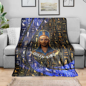 Hatshepsut Blanket with Queen King Portrait, Temple Illustration and Blue-Gold Hieroglyphic - African Pride