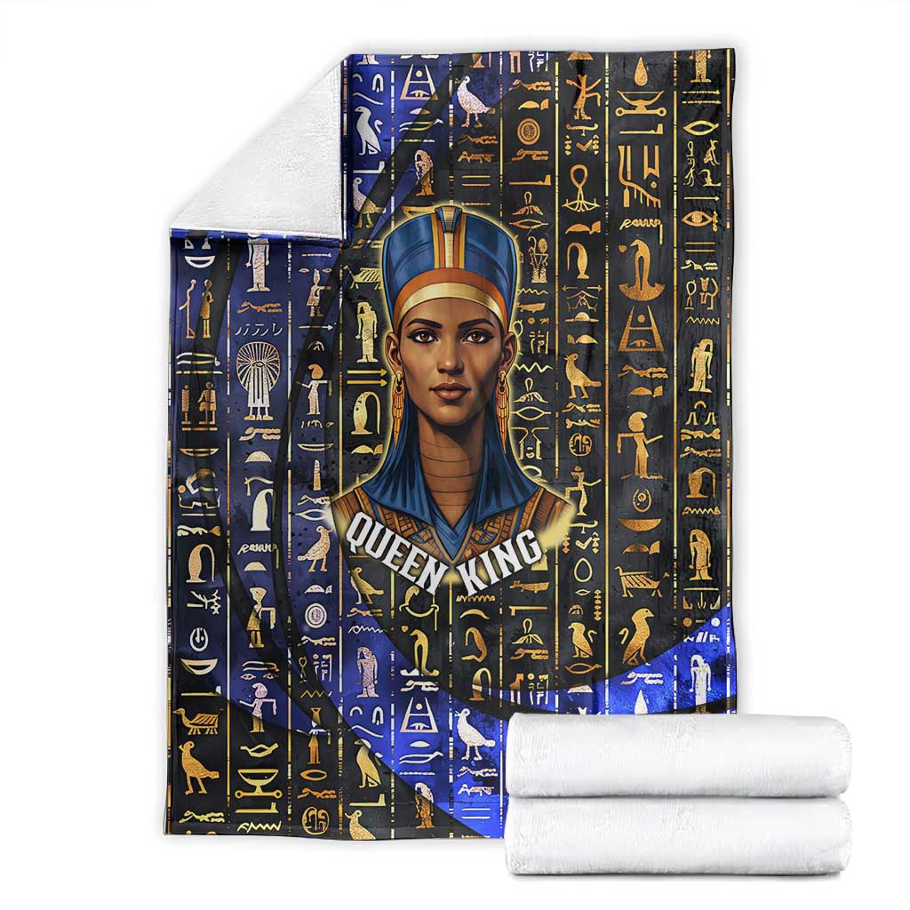 Hatshepsut Blanket with Queen King Portrait, Temple Illustration and Blue-Gold Hieroglyphic - African Pride