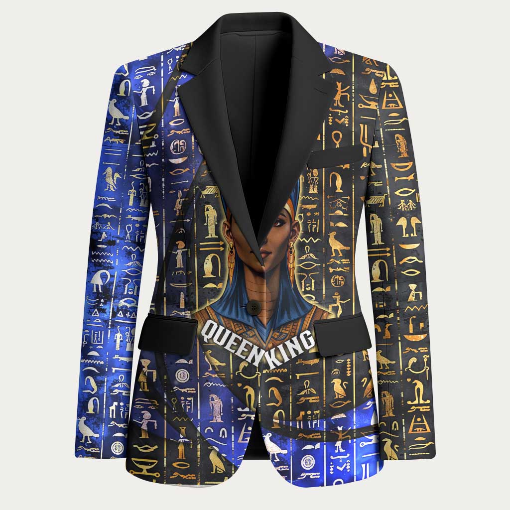 Hatshepsut Blazer with Queen King Portrait, Temple Illustration and Blue-Gold Hieroglyphic - African Pride