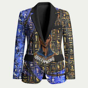 Hatshepsut Blazer with Queen King Portrait, Temple Illustration and Blue-Gold Hieroglyphic - African Pride