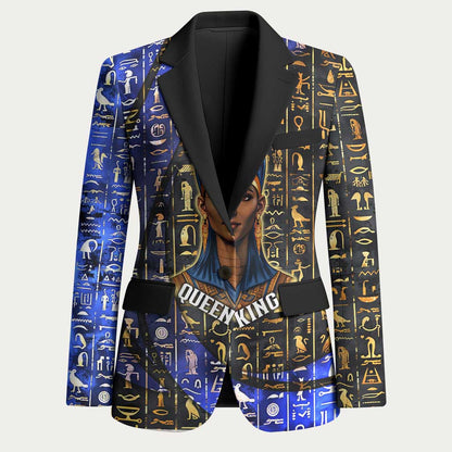 Hatshepsut Blazer with Queen King Portrait, Temple Illustration and Blue-Gold Hieroglyphic - African Pride