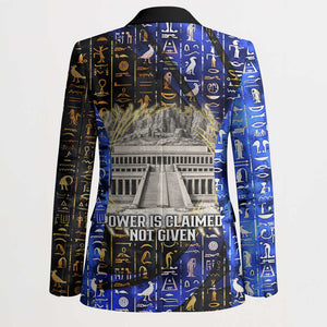 Hatshepsut Blazer with Queen King Portrait, Temple Illustration and Blue-Gold Hieroglyphic - African Pride