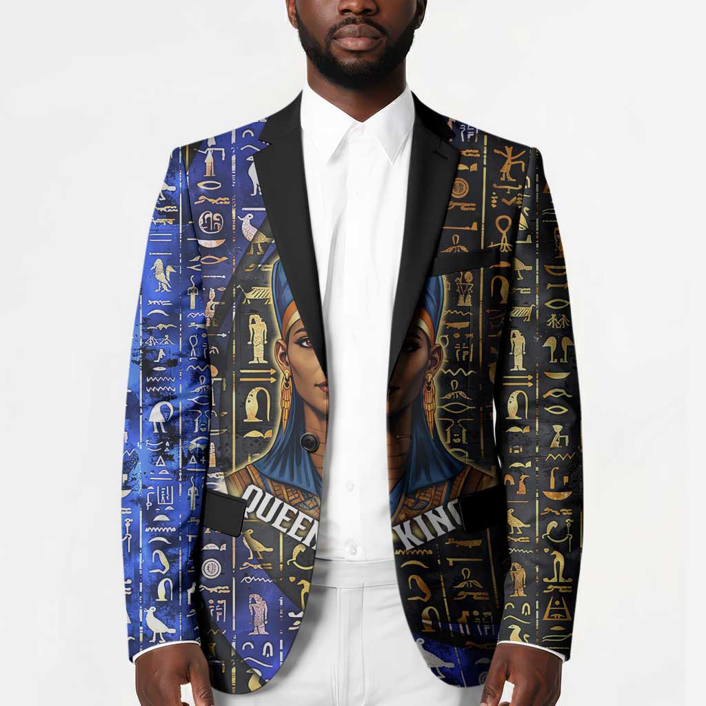 Hatshepsut Blazer with Queen King Portrait, Temple Illustration and Blue-Gold Hieroglyphic - African Pride