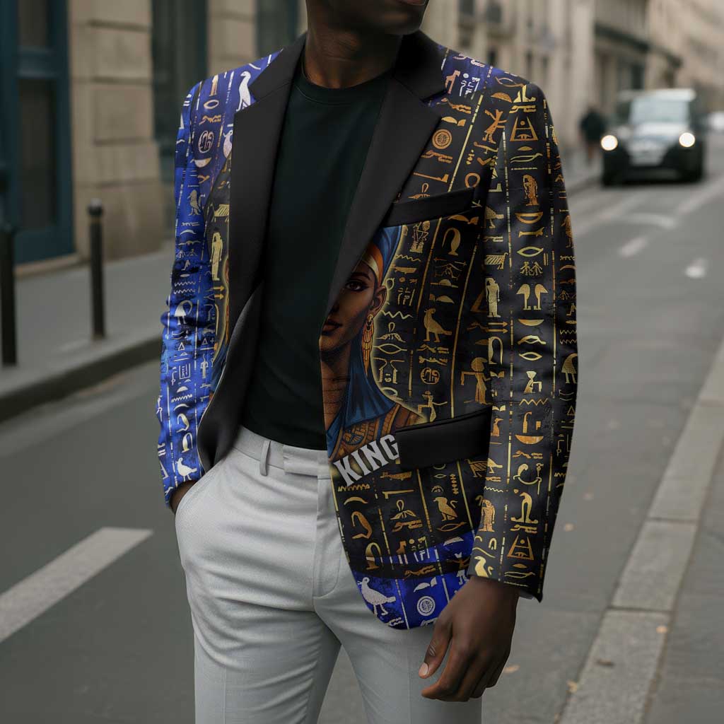 Hatshepsut Blazer with Queen King Portrait, Temple Illustration and Blue-Gold Hieroglyphic - African Pride