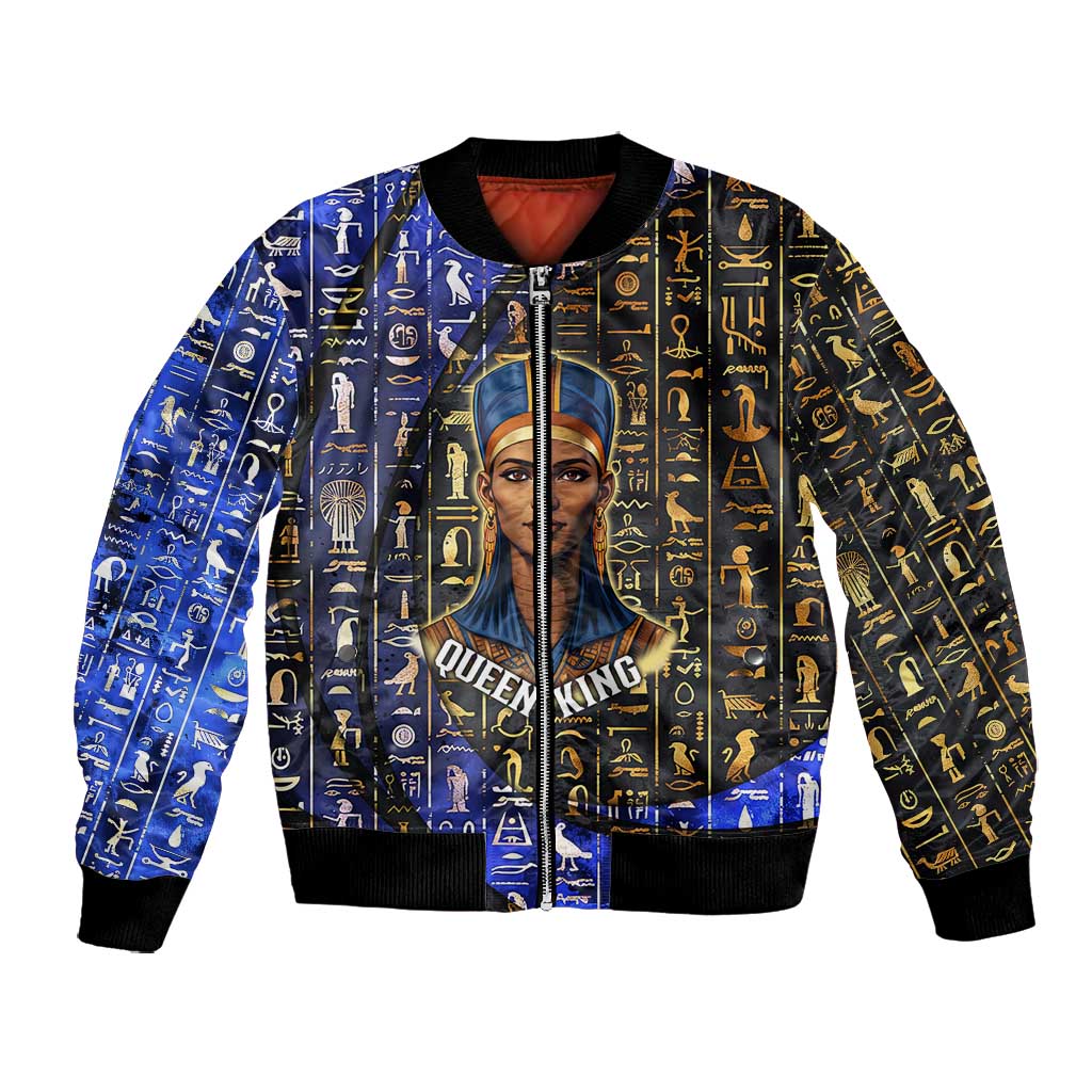 Hatshepsut Bomber Jacket with Queen King Portrait, Temple Illustration and Blue-Gold Hieroglyphic - African Pride