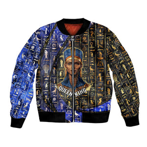 Hatshepsut Bomber Jacket with Queen King Portrait, Temple Illustration and Blue-Gold Hieroglyphic - African Pride