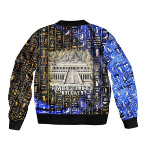 Hatshepsut Bomber Jacket with Queen King Portrait, Temple Illustration and Blue-Gold Hieroglyphic - African Pride