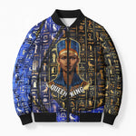 Hatshepsut Bomber Puffer Jacket with Queen King Portrait, Temple Illustration and Blue-Gold Hieroglyphic - African Pride