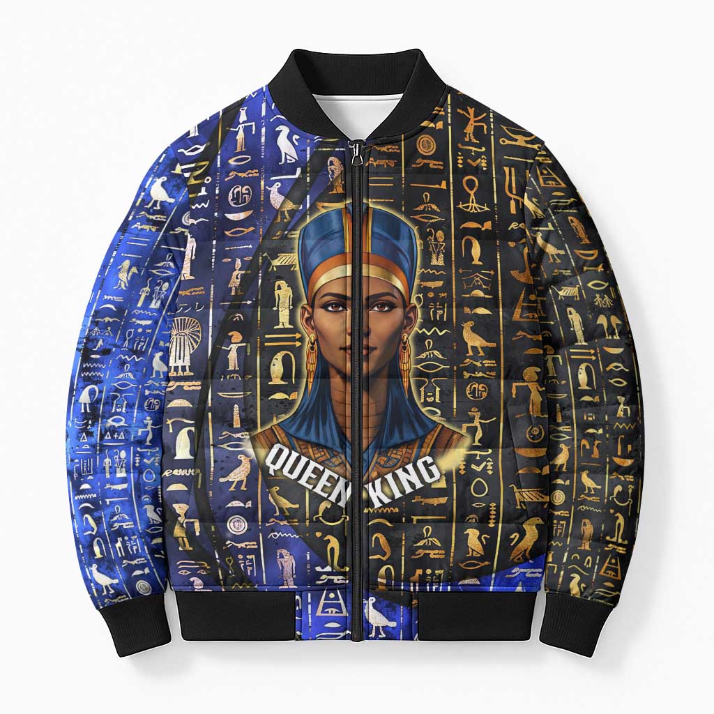 Hatshepsut Bomber Puffer Jacket with Queen King Portrait, Temple Illustration and Blue-Gold Hieroglyphic - African Pride