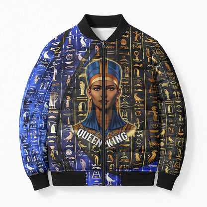 Hatshepsut Bomber Puffer Jacket with Queen King Portrait, Temple Illustration and Blue-Gold Hieroglyphic - African Pride