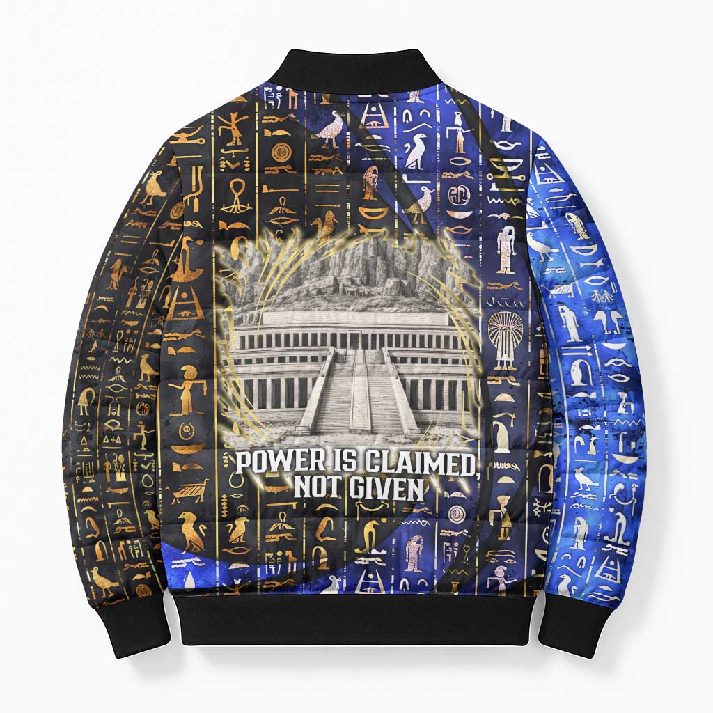 Hatshepsut Bomber Puffer Jacket with Queen King Portrait, Temple Illustration and Blue-Gold Hieroglyphic - African Pride