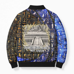 Hatshepsut Bomber Puffer Jacket with Queen King Portrait, Temple Illustration and Blue-Gold Hieroglyphic - African Pride