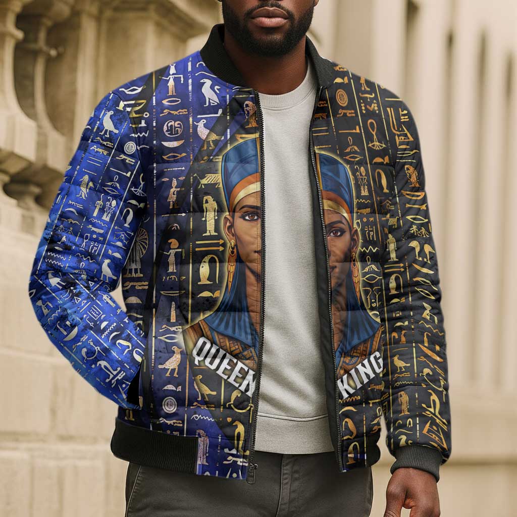 Hatshepsut Bomber Puffer Jacket with Queen King Portrait, Temple Illustration and Blue-Gold Hieroglyphic - African Pride