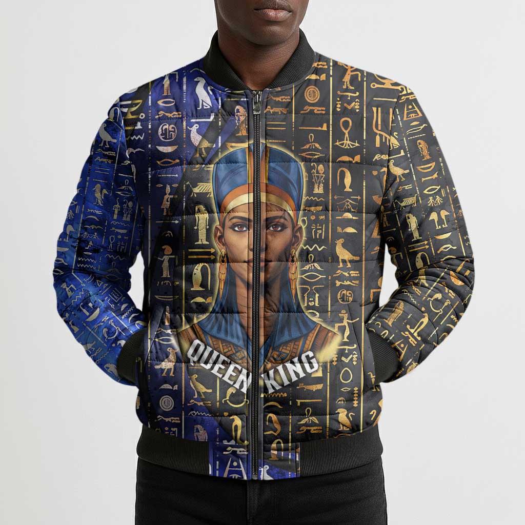 Hatshepsut Bomber Puffer Jacket with Queen King Portrait, Temple Illustration and Blue-Gold Hieroglyphic - African Pride