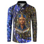 Hatshepsut Button Sweatshirt with Queen King Portrait, Temple Illustration and Blue-Gold Hieroglyphic