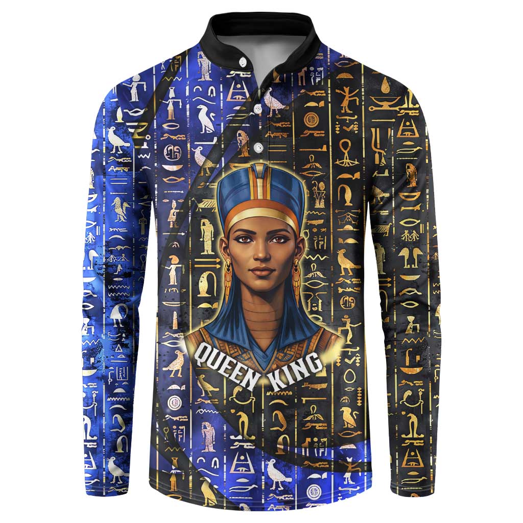 Hatshepsut Button Sweatshirt with Queen King Portrait, Temple Illustration and Blue-Gold Hieroglyphic