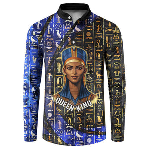 Hatshepsut Button Sweatshirt with Queen King Portrait, Temple Illustration and Blue-Gold Hieroglyphic