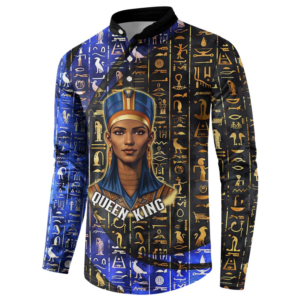 Hatshepsut Button Sweatshirt with Queen King Portrait, Temple Illustration and Blue-Gold Hieroglyphic