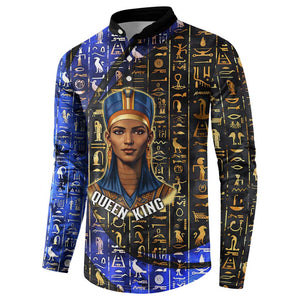Hatshepsut Button Sweatshirt with Queen King Portrait, Temple Illustration and Blue-Gold Hieroglyphic