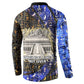 Hatshepsut Button Sweatshirt with Queen King Portrait, Temple Illustration and Blue-Gold Hieroglyphic