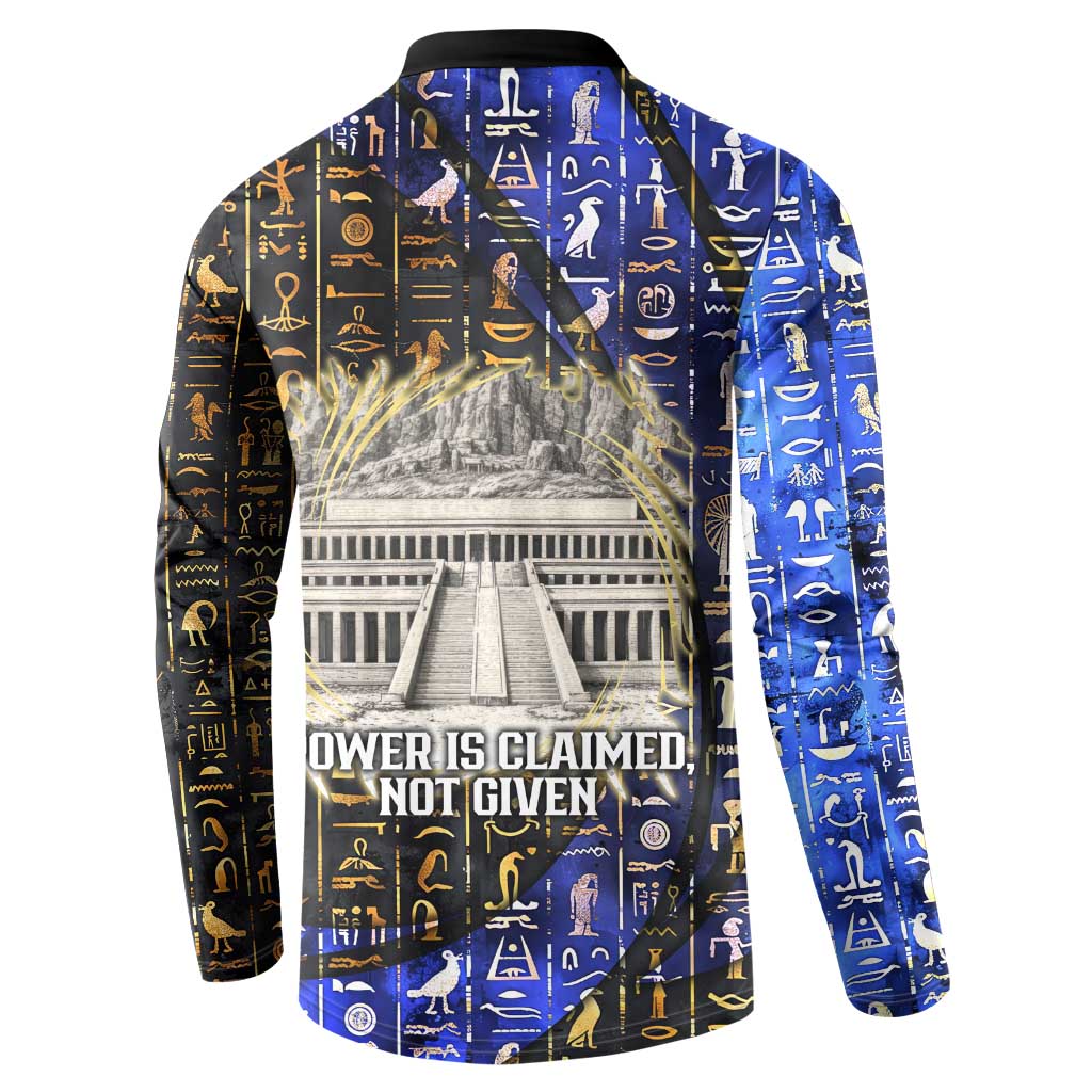 Hatshepsut Button Sweatshirt with Queen King Portrait, Temple Illustration and Blue-Gold Hieroglyphic