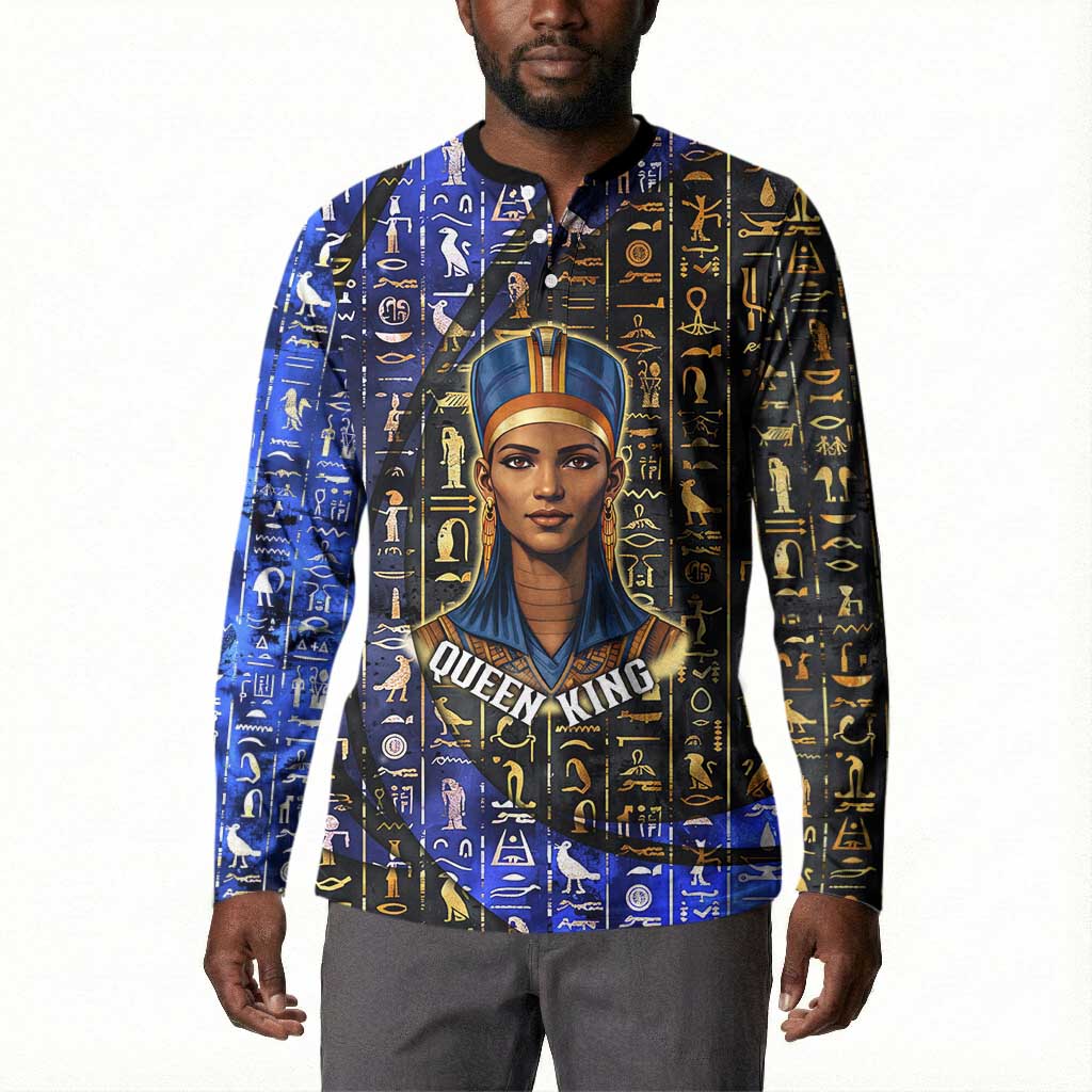 Hatshepsut Button Sweatshirt with Queen King Portrait, Temple Illustration and Blue-Gold Hieroglyphic