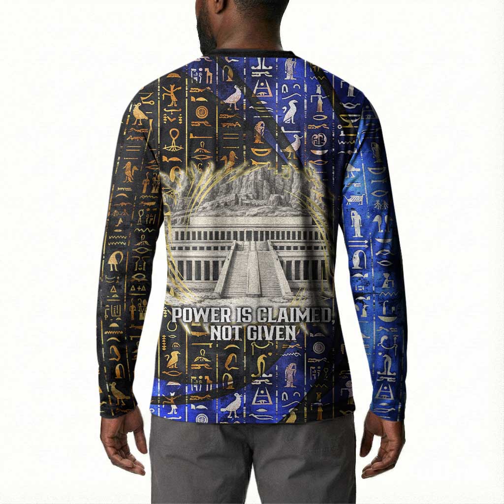 Hatshepsut Button Sweatshirt with Queen King Portrait, Temple Illustration and Blue-Gold Hieroglyphic