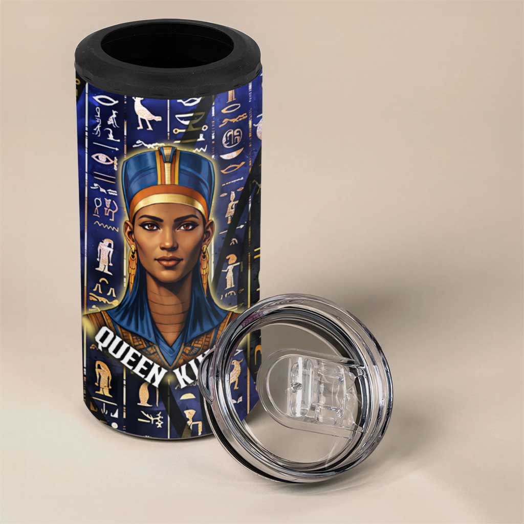 Hatshepsut 4 in 1 Can Cooler Tumbler with Queen King Portrait, Temple Illustration and Blue-Gold Hieroglyphic - African Pride
