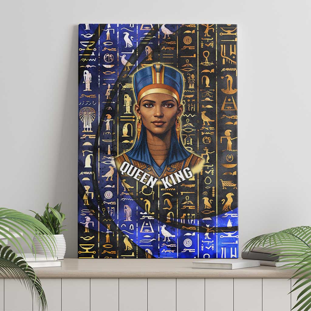 Hatshepsut Canvas Wall Art with Queen King Portrait, Temple Illustration and Blue-Gold Hieroglyphic - African Pride