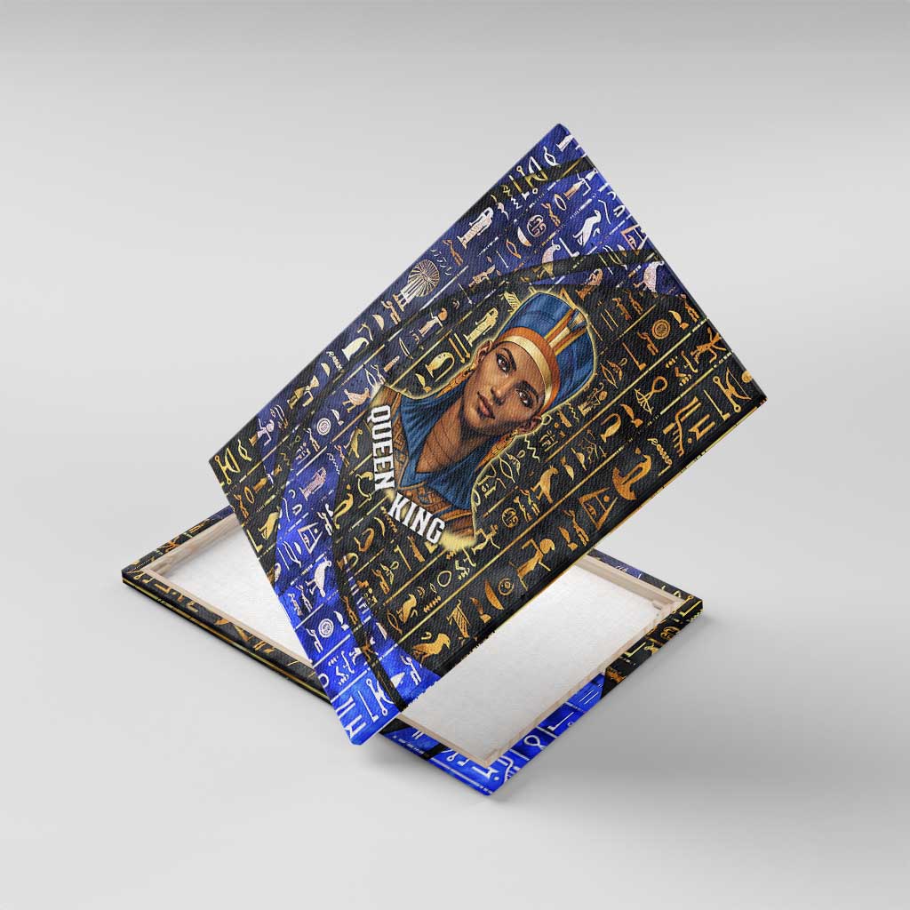 Hatshepsut Canvas Wall Art with Queen King Portrait, Temple Illustration and Blue-Gold Hieroglyphic - African Pride