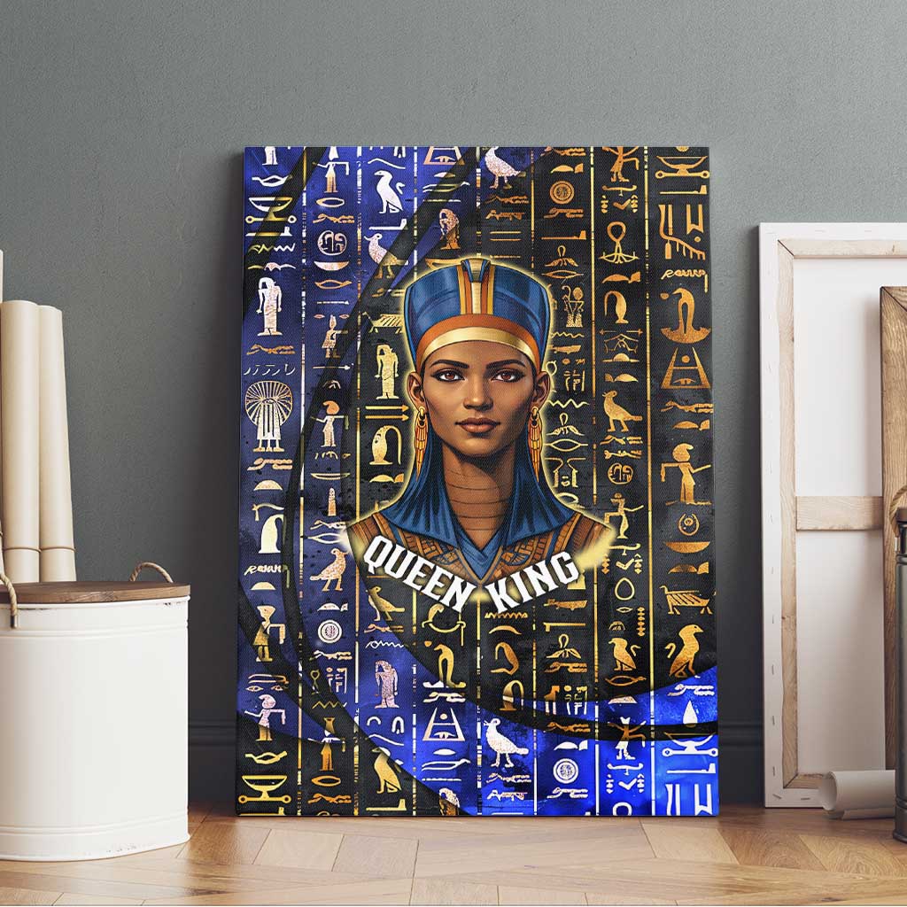 Hatshepsut Canvas Wall Art with Queen King Portrait, Temple Illustration and Blue-Gold Hieroglyphic - African Pride