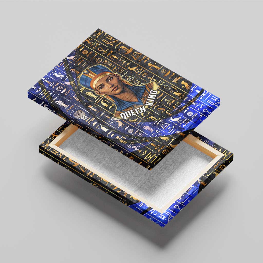 Hatshepsut Canvas Wall Art with Queen King Portrait, Temple Illustration and Blue-Gold Hieroglyphic - African Pride