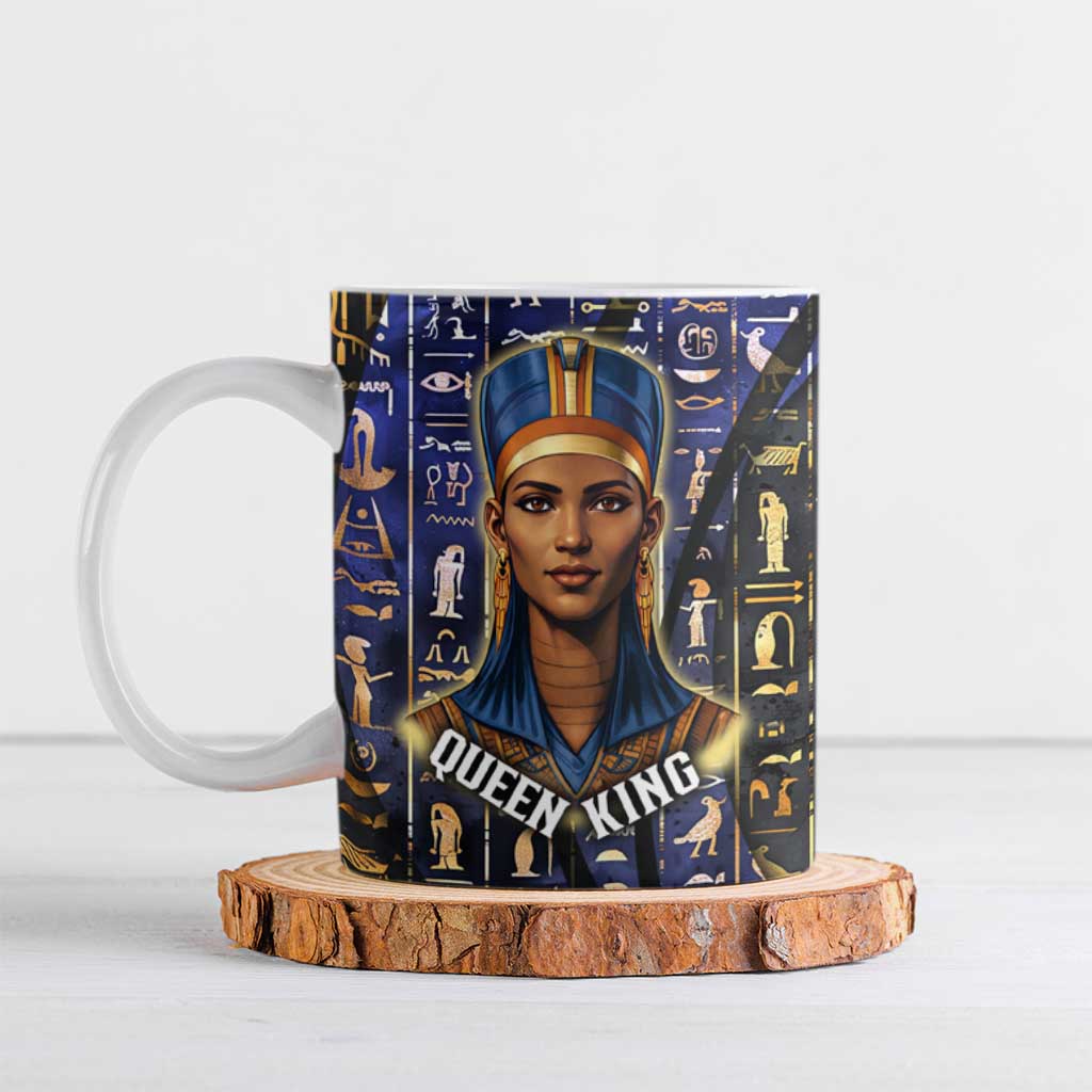 Hatshepsut Ceramic Mug with Queen King Portrait, Temple Illustration and Blue-Gold Hieroglyphic - African Pride