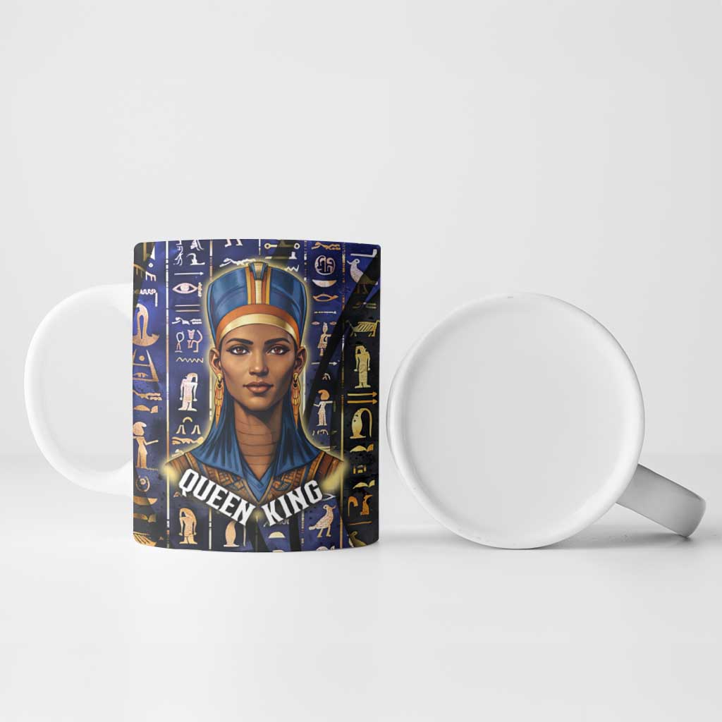 Hatshepsut Ceramic Mug with Queen King Portrait, Temple Illustration and Blue-Gold Hieroglyphic - African Pride