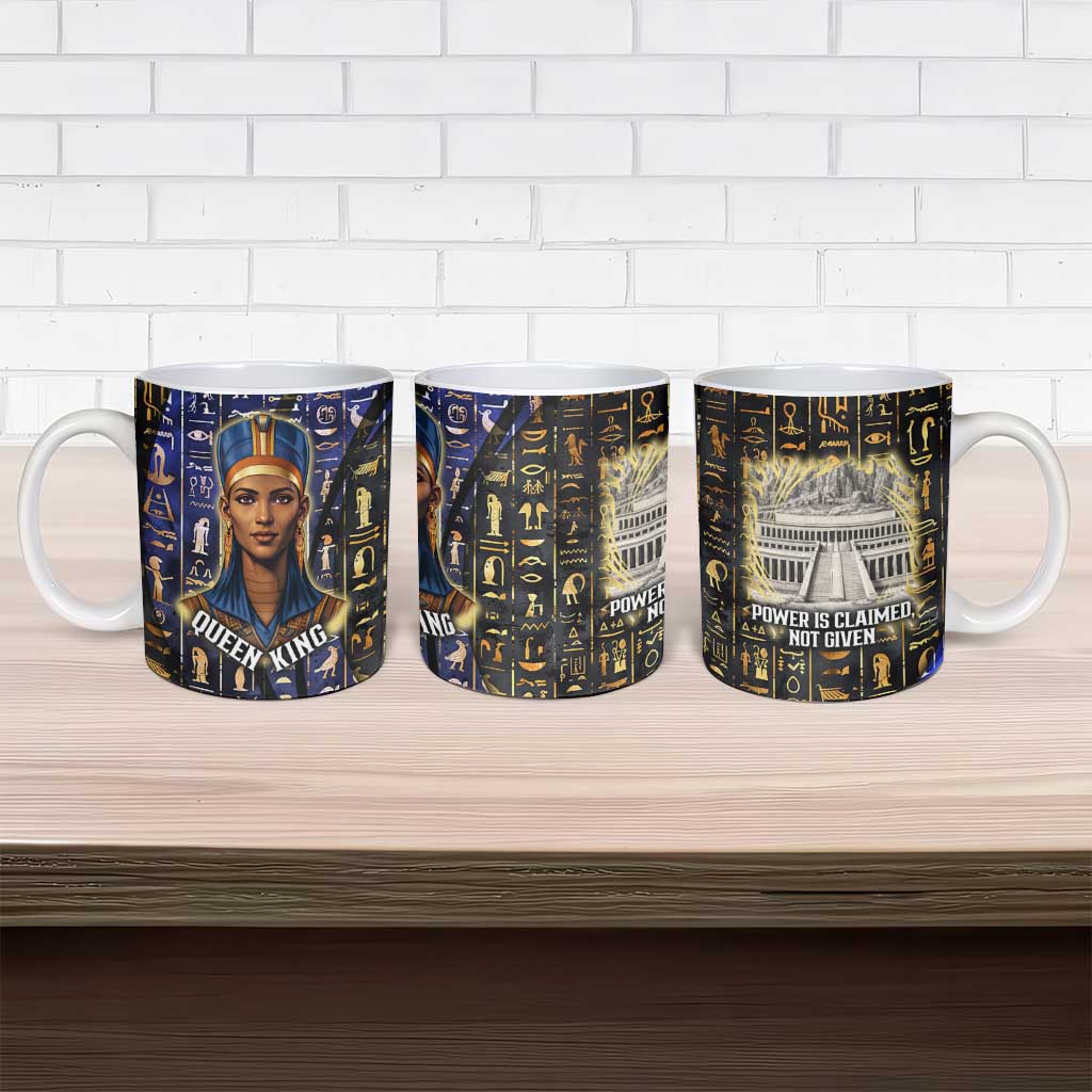 Hatshepsut Ceramic Mug with Queen King Portrait, Temple Illustration and Blue-Gold Hieroglyphic - African Pride