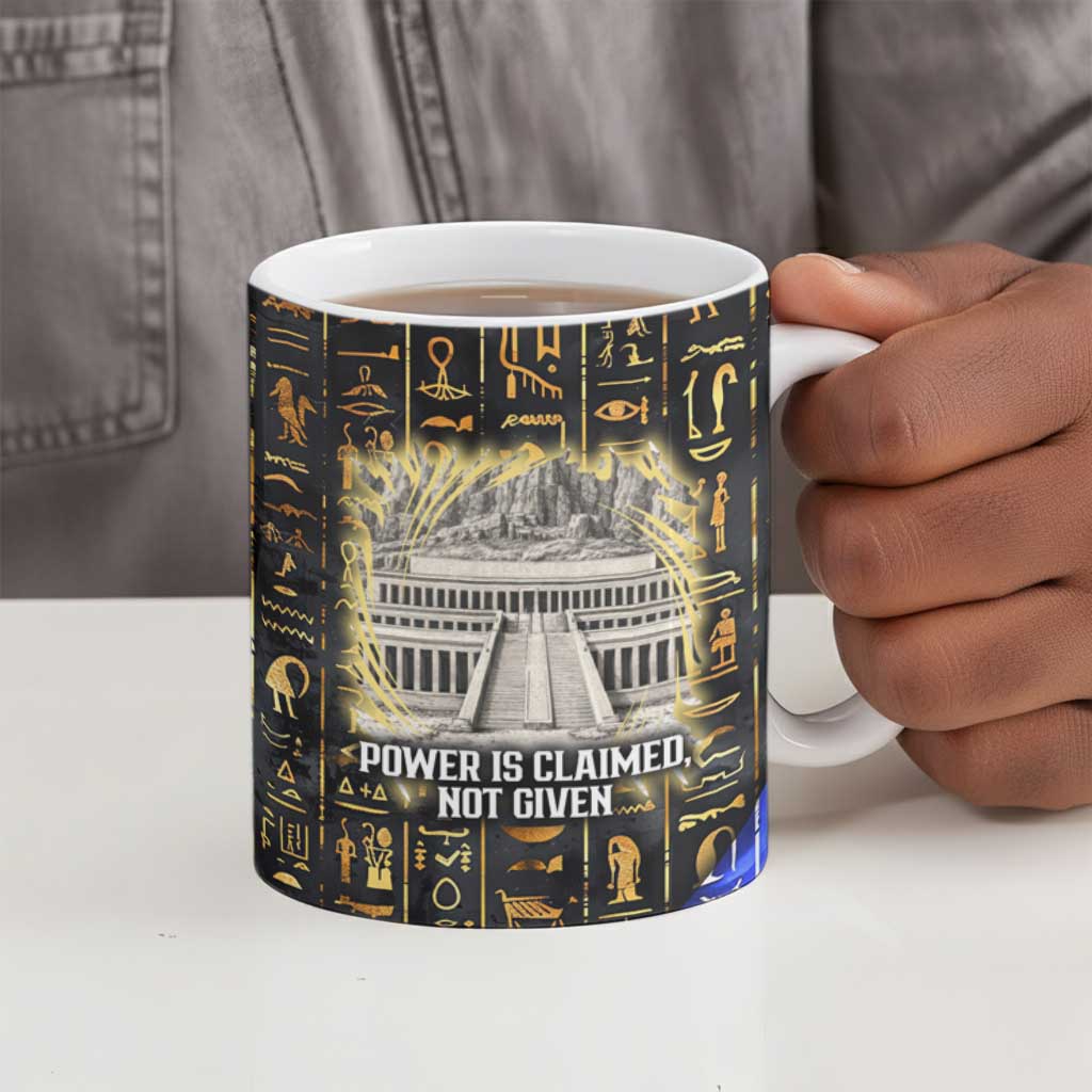 Hatshepsut Ceramic Mug with Queen King Portrait, Temple Illustration and Blue-Gold Hieroglyphic - African Pride