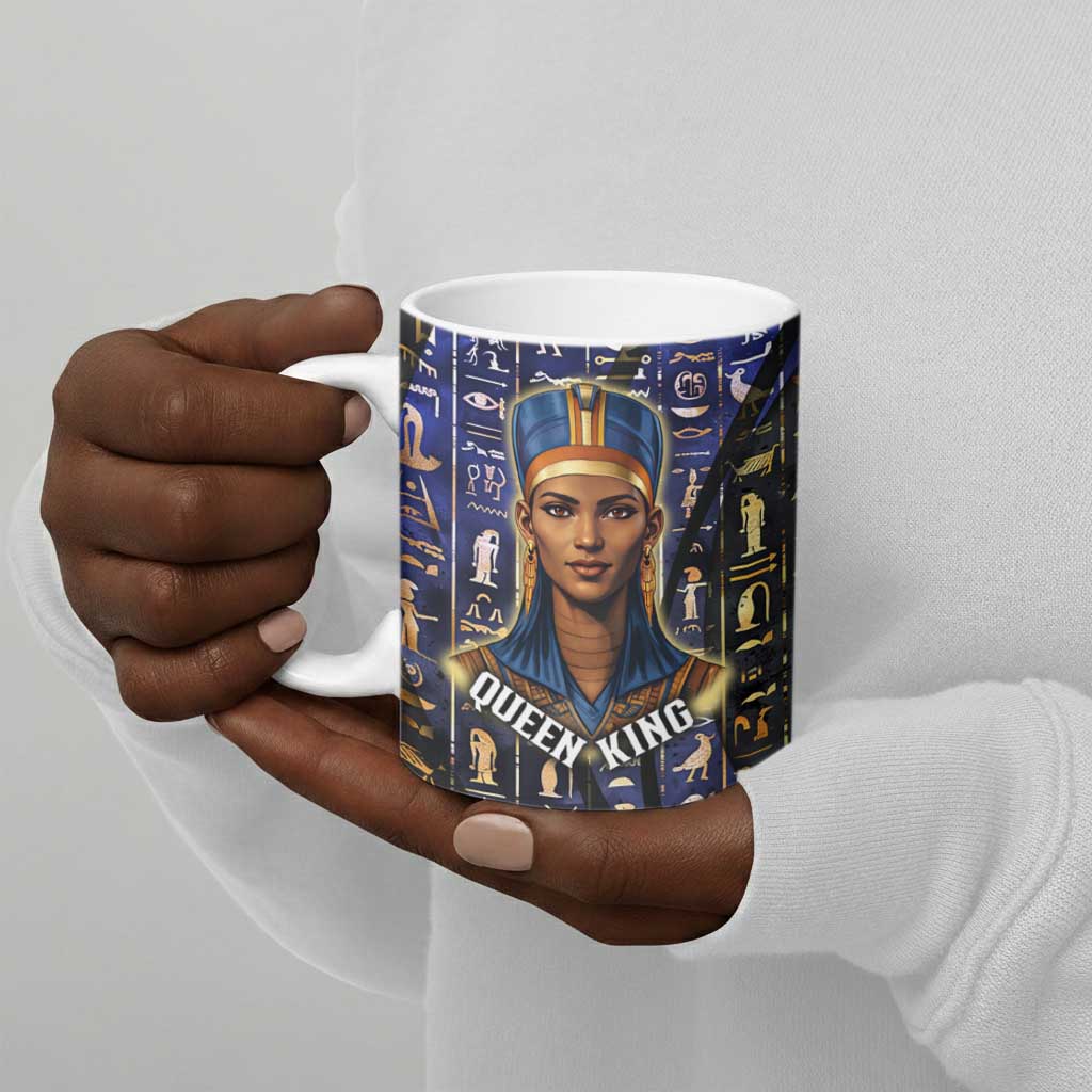 Hatshepsut Ceramic Mug with Queen King Portrait, Temple Illustration and Blue-Gold Hieroglyphic - African Pride