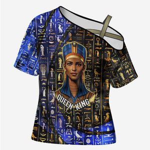 Hatshepsut Cross Shoulder Shirt with Queen King Portrait, Temple Illustration and Blue-Gold Hieroglyphic - African Pride