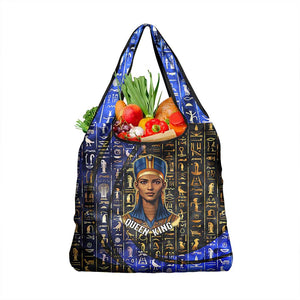 Hatshepsut Grocery Bag with Queen King Portrait, Temple Illustration and Blue-Gold Hieroglyphic - African Pride