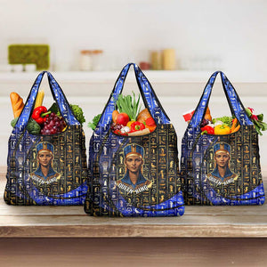 Hatshepsut Grocery Bag with Queen King Portrait, Temple Illustration and Blue-Gold Hieroglyphic - African Pride