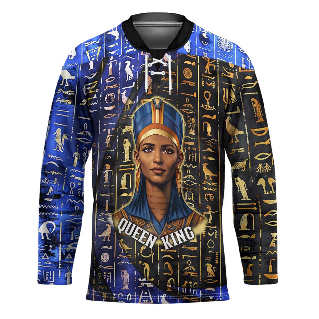 Hatshepsut Hockey Jersey with Queen King Portrait, Temple Illustration and Blue-Gold Hieroglyphic - African Pride