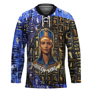 Hatshepsut Hockey Jersey with Queen King Portrait, Temple Illustration and Blue-Gold Hieroglyphic - African Pride